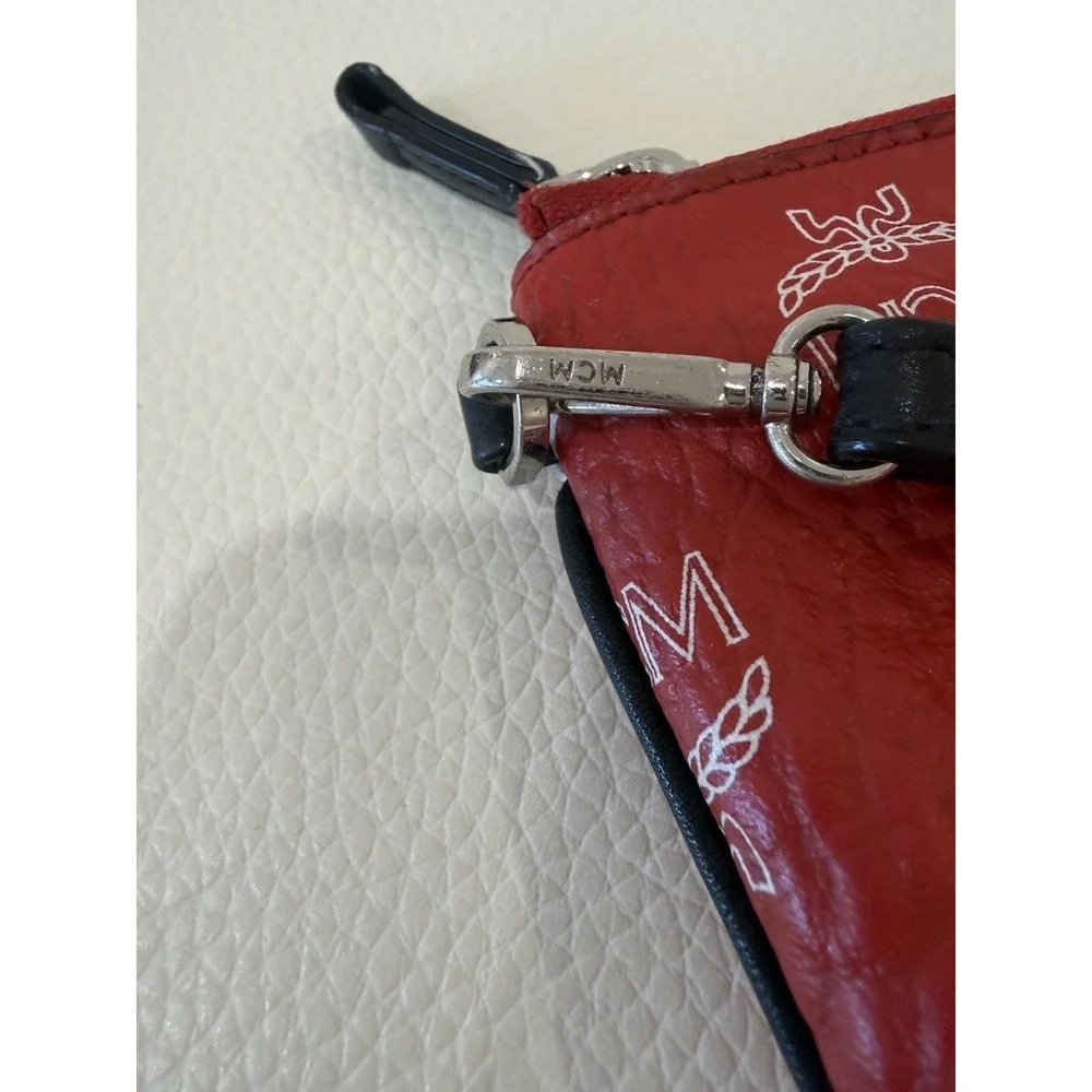MCM Red Pebbled‎ Clutch Wristlet with Logo Accent Wrist Strap